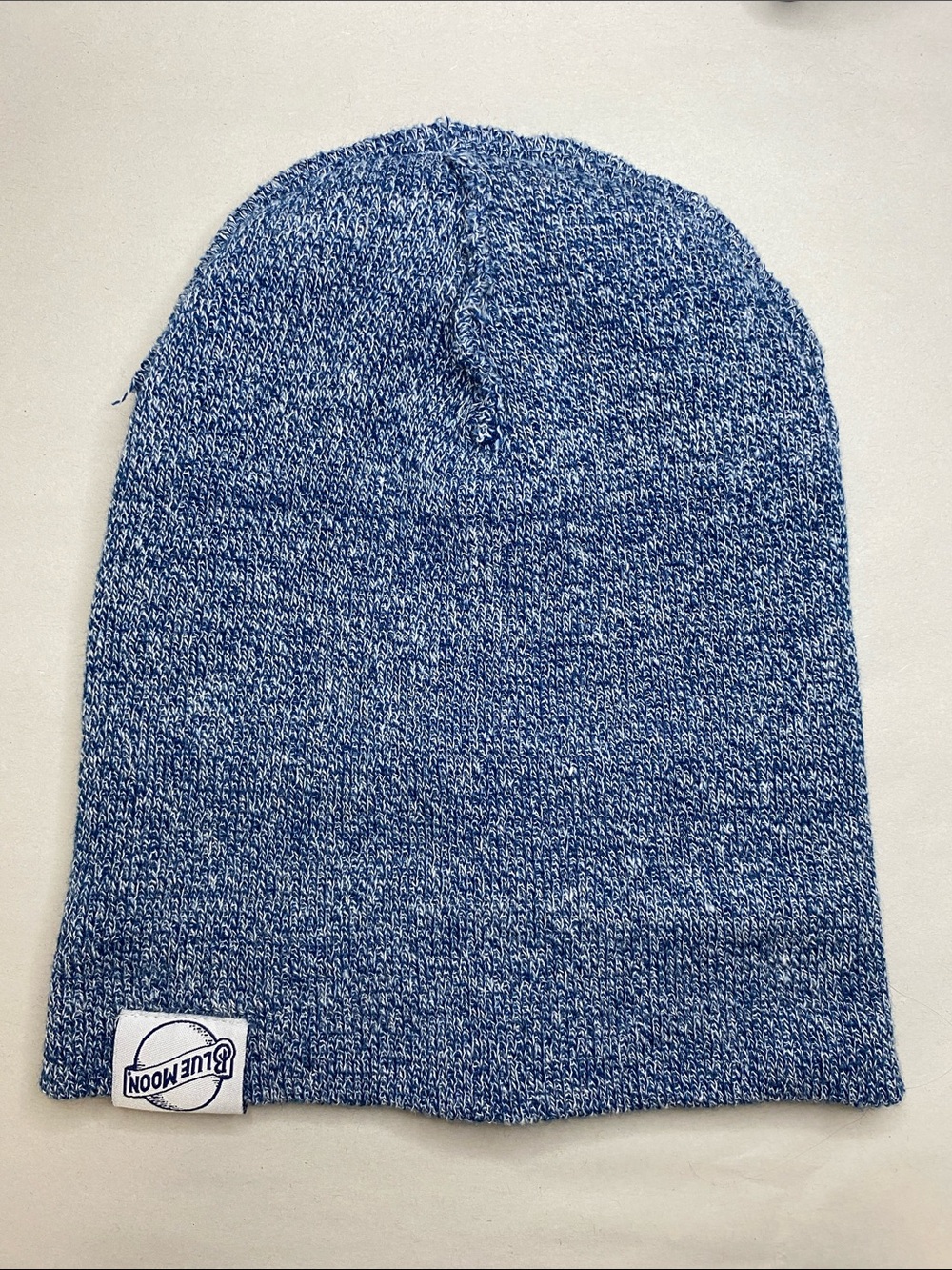 Blue Moon Logo Knit Beanie Hat Blue White Marled Cuffed Slouchy Unisex - Picture 6 of 7